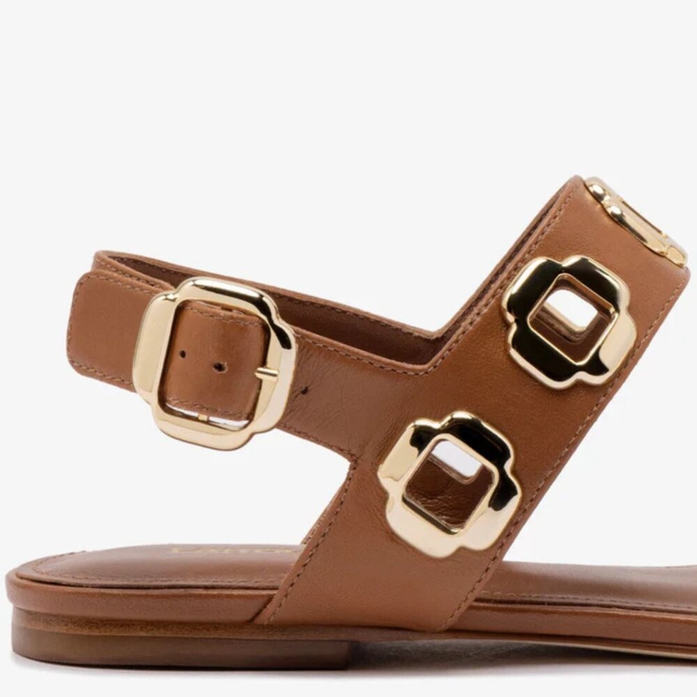 Larroude Milan Flat Sandal in Caramel Leather - Picture 4 of 11